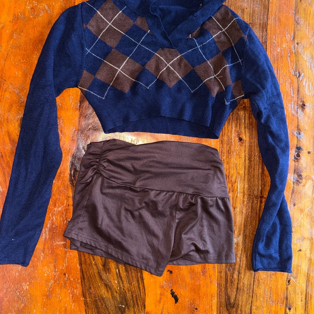 Blue Argyle Sweater and Brown boy short Set